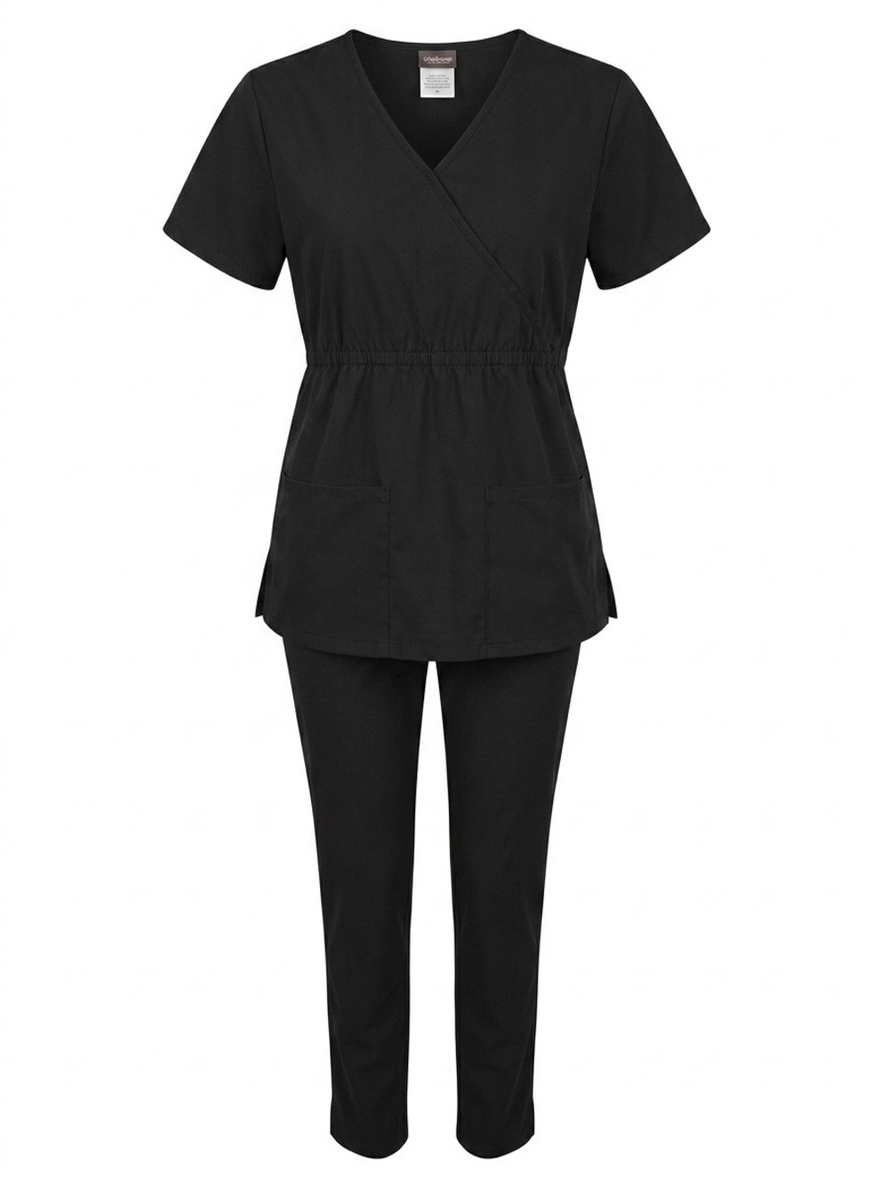 ⁠Cherokee UA Scrub Set Black Mock Wrap Top Stretch Panels Pants Top Small⁠